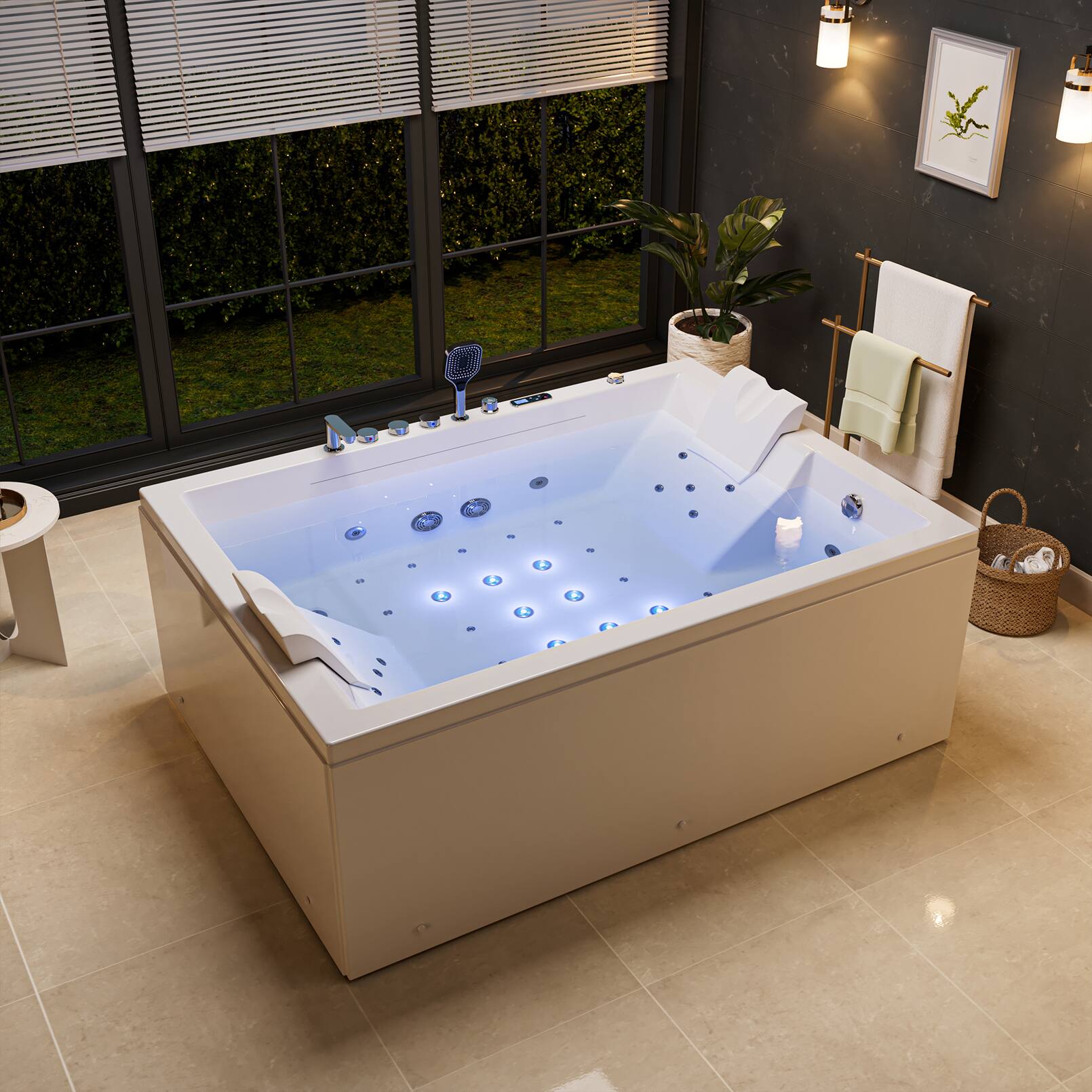 Angle. Empava - 71 in. x 51 in. Alcove Whirlpool Air Combination Bathtub Rectangular Bath with Reversible Drain and Waterfall in White - white.
