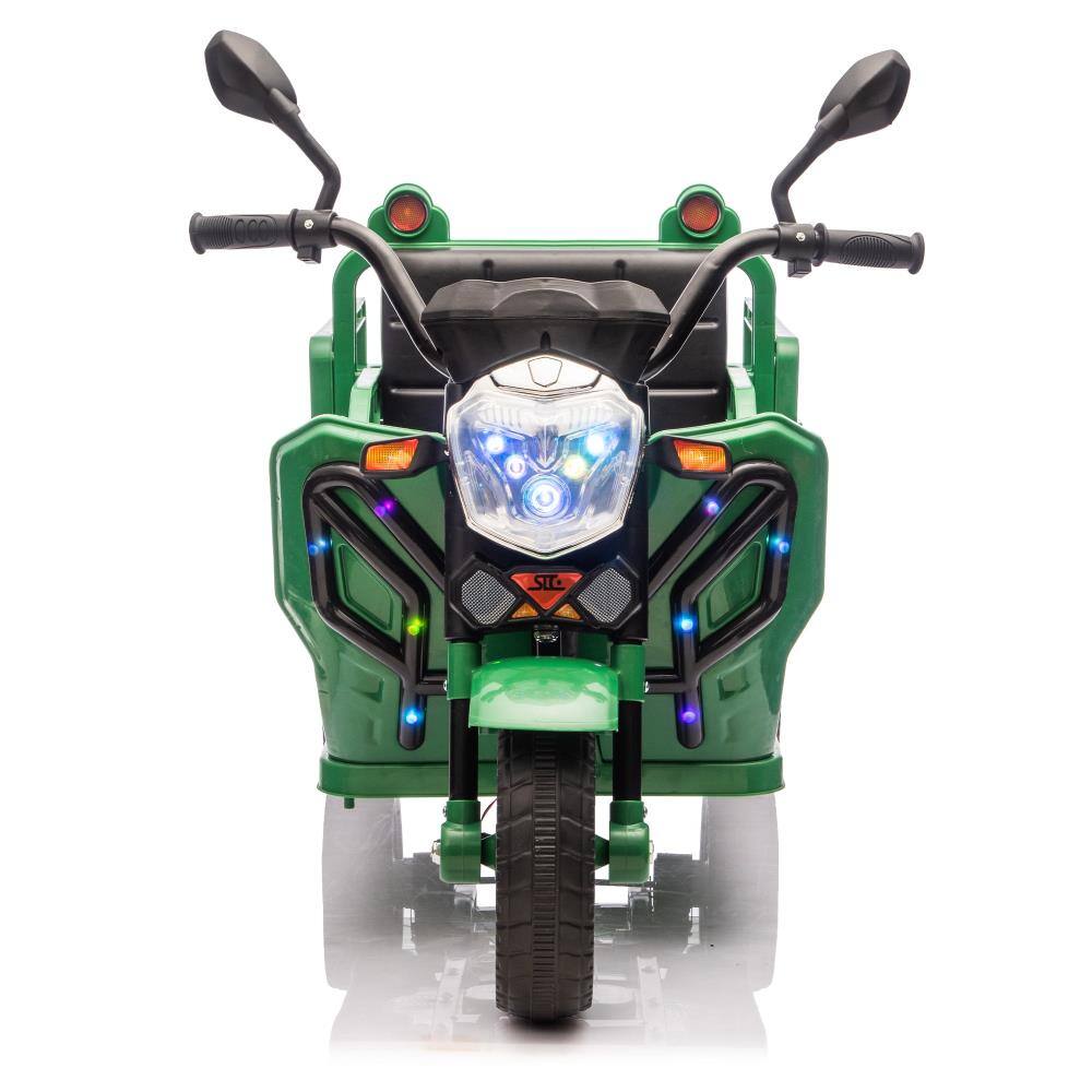 Angle. BreeBe - 12V Kids Electric 3-Wheel Cargo Truck, 2WD, Anti-Slip Wheels, LED Lights, Music, Large Storage & Wide Seat, Ages 3-6 - Green.