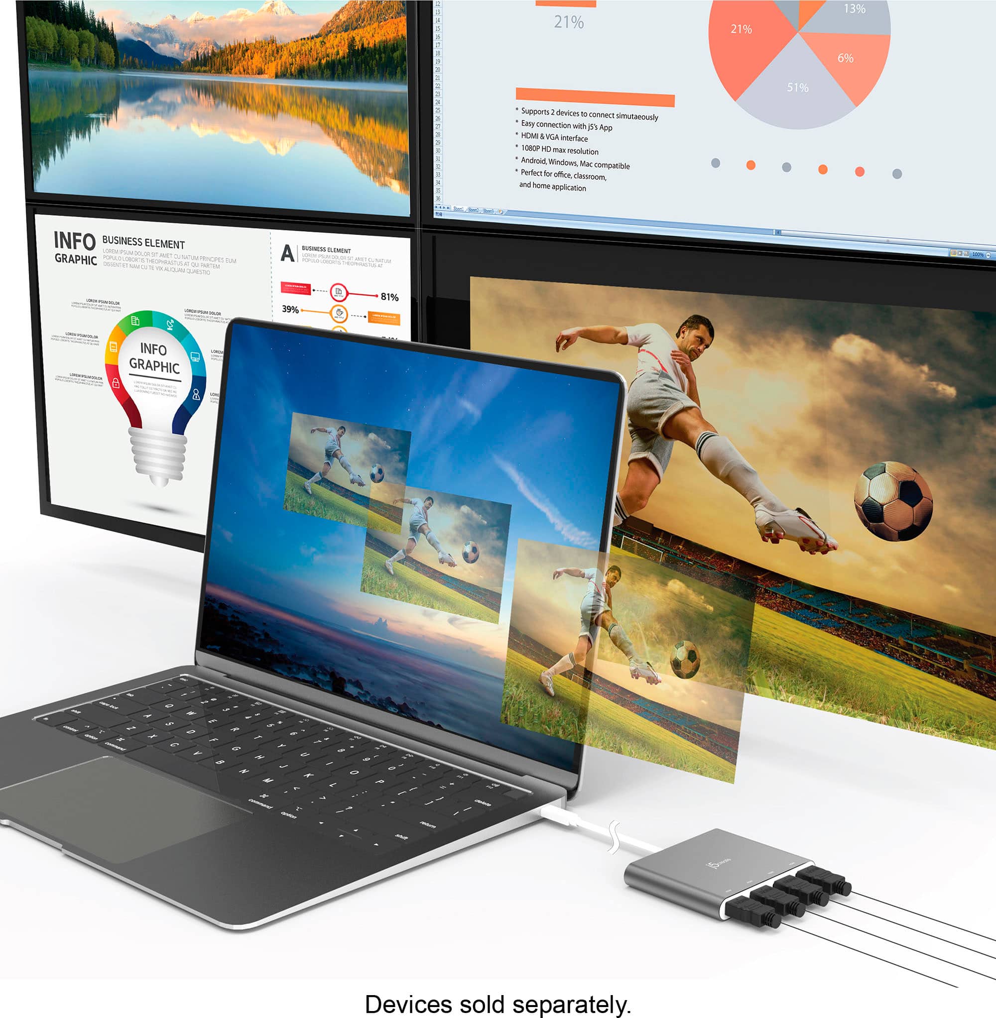 Alt View 18. j5create - USB-C to 4-Port HDMI Multi-Monitor Adapter - Silver.