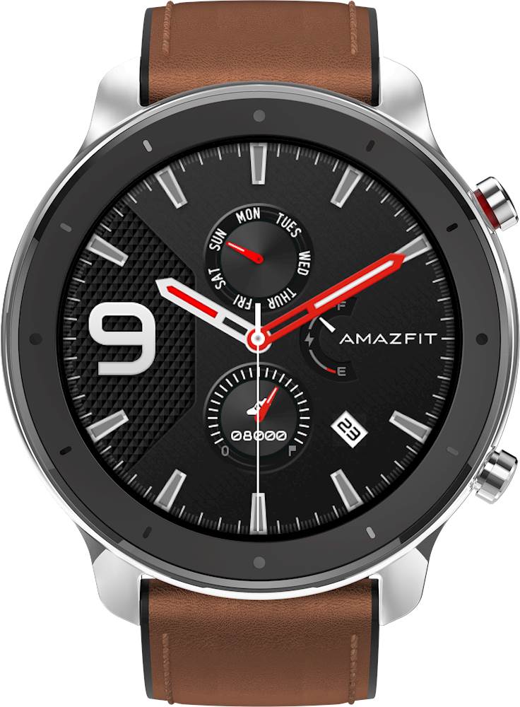 Amazfit - GTR Smartwatch 47mm - Stainless Steel With Brown Leather Strap