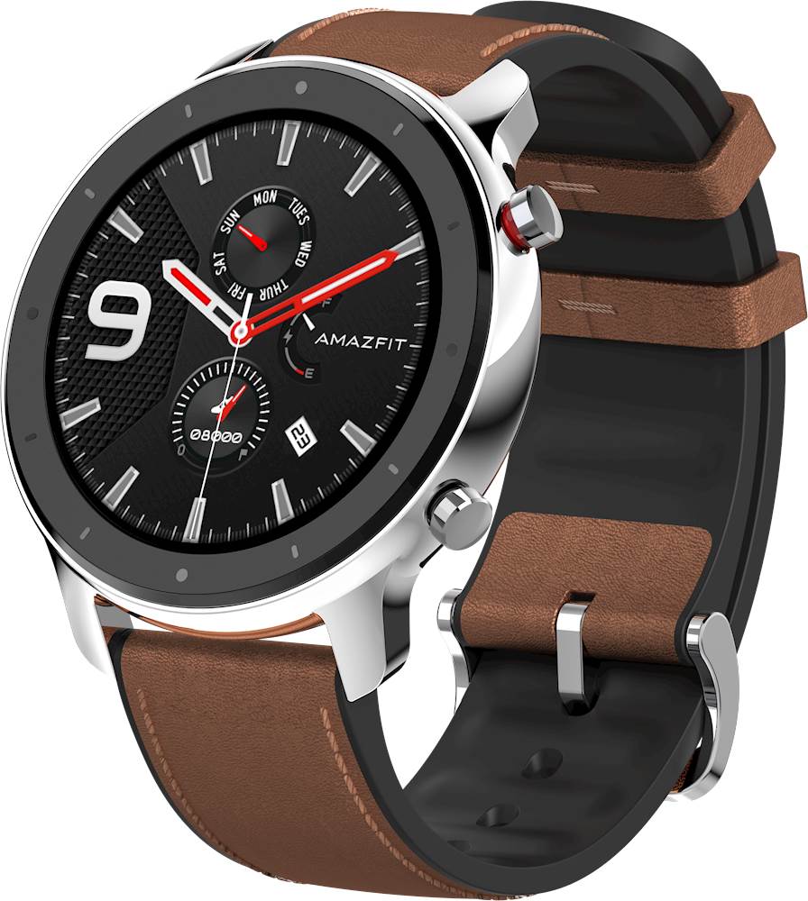 Left View: Amazfit - GTR Smartwatch 47mm - Stainless Steel With Brown Leather Strap