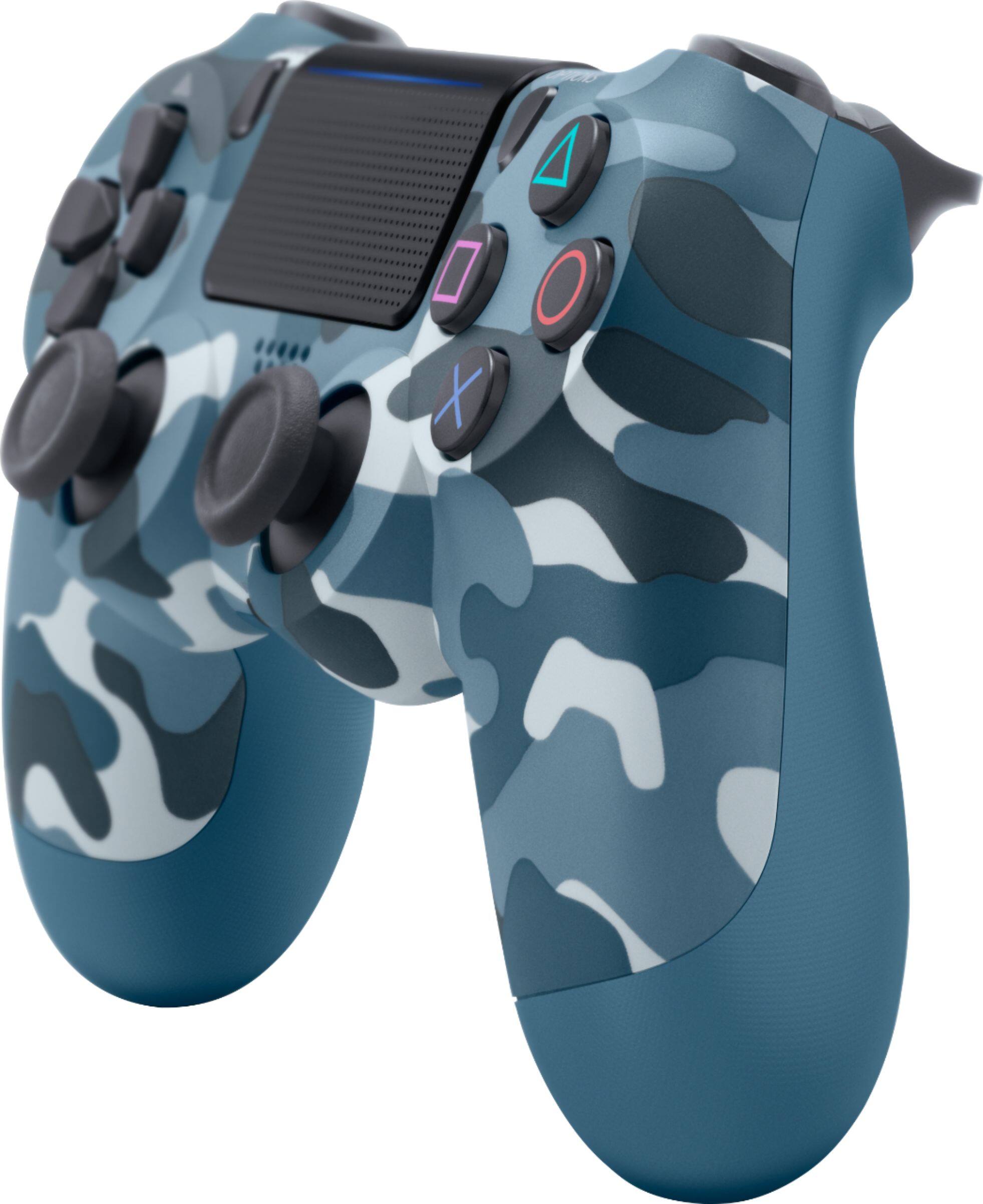 Left. Sony - Geek Squad Certified Refurbished DualShock 4 Wireless Controller for PlayStation 4 - Blue Camouflage.