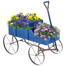 Gymax - Patiojoy Wooden Garden Flower Planter Wagon Plant Bed W/ Wheel Garden Yard - Blue