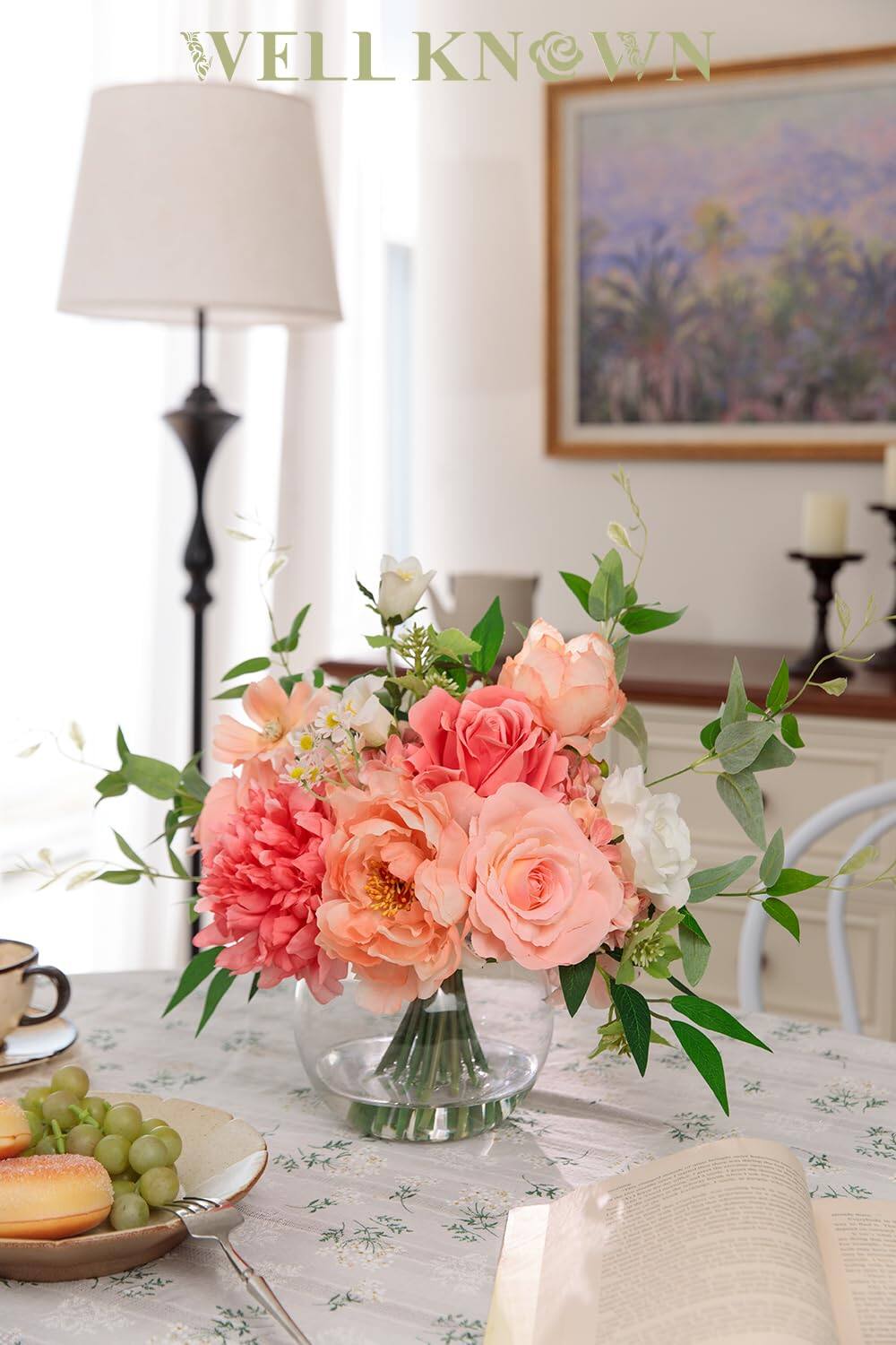 Angle. Siljoy - Green Silk Hydrangea & Tulip Arrangement, Vase, Home Wedding Birthday Decor Gift - pink.