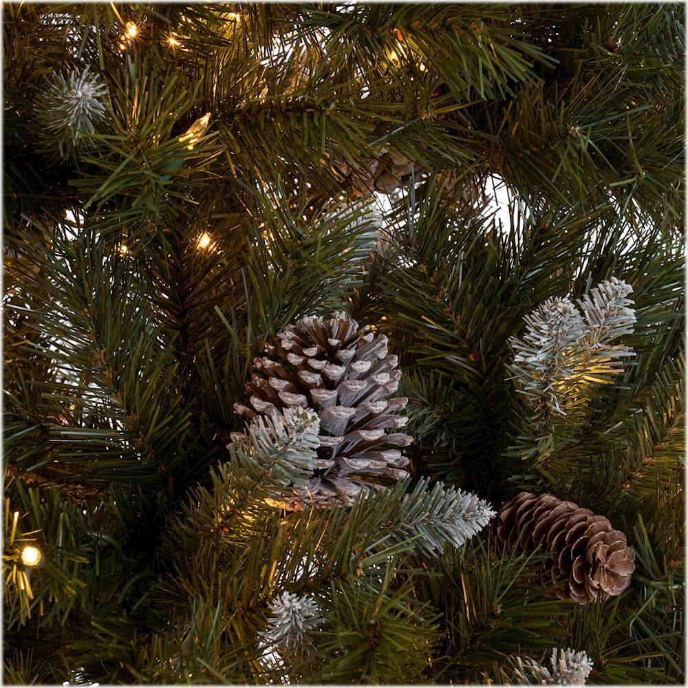 Noble House - 7' Mixed Spruce Pre-Lit Hinged Artificial Christmas Tree with Frosted Branches, Red Berries and Frosted Pine Cones - Green + Clear Lights