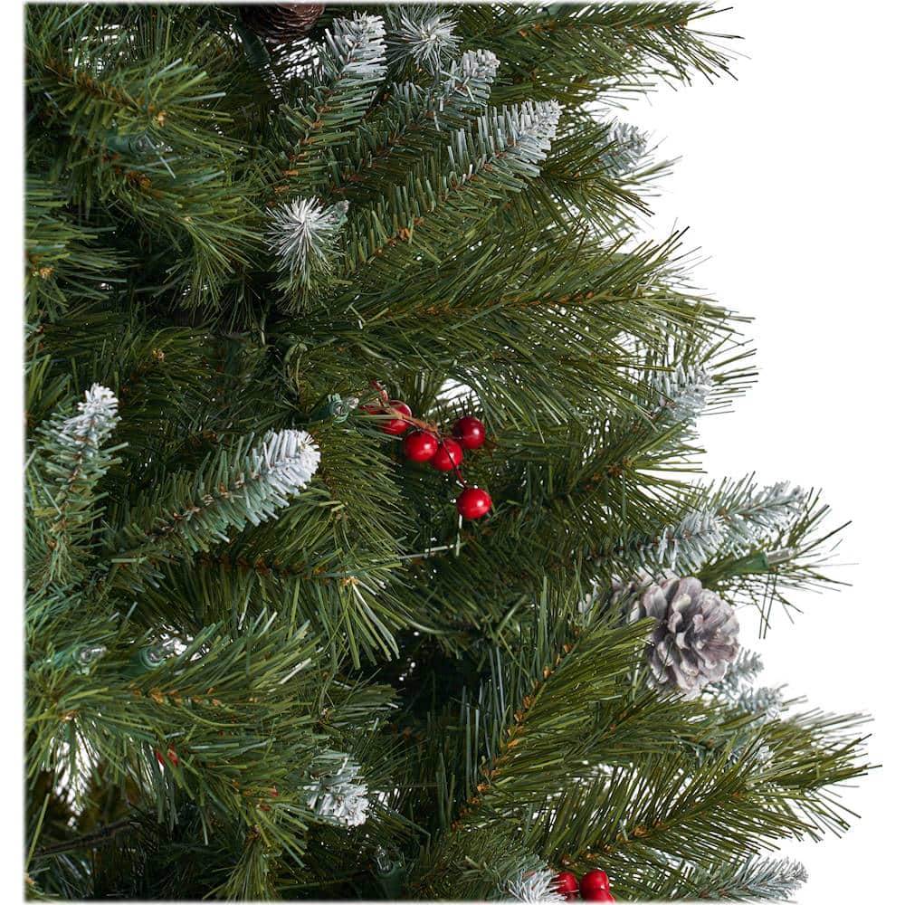 Alt View 13. Noble House - 7' Mixed Spruce Pre-Lit Hinged Artificial Christmas Tree with Frosted Branches, Red Berries and Frosted Pine Cones - Green + Clear Lights.