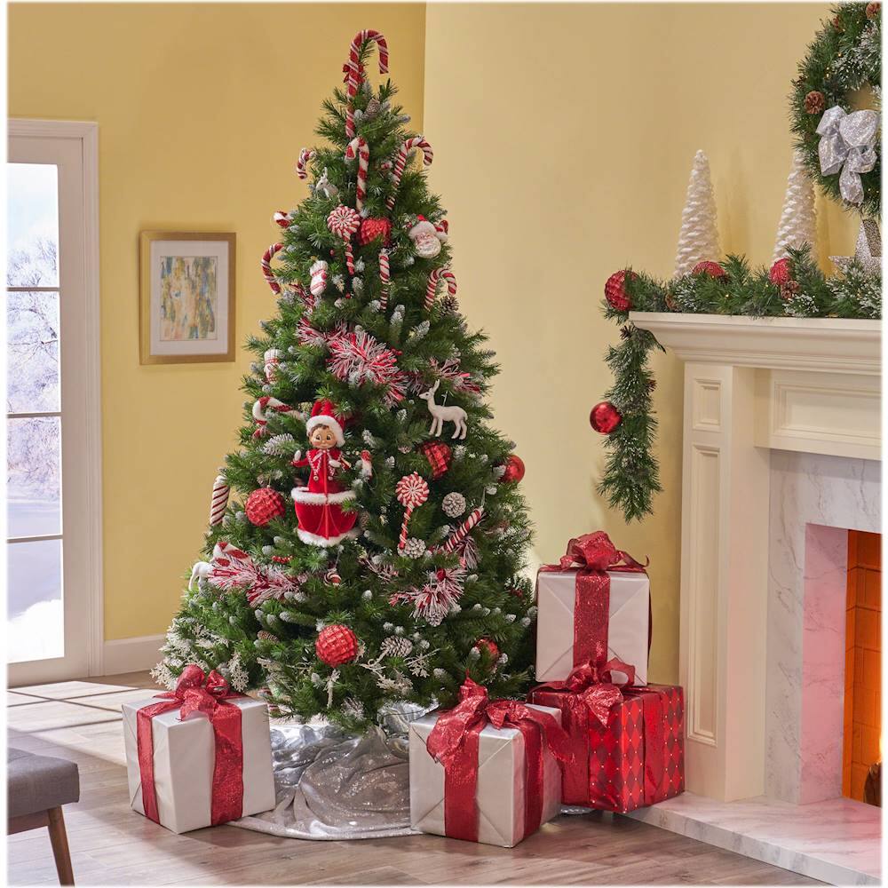 Alt View 15. Noble House - 7' Mixed Spruce Pre-Lit Hinged Artificial Christmas Tree with Frosted Branches, Red Berries and Frosted Pine Cones - Green + Clear Lights.