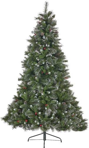 Noble House - 7' Mixed Spruce Unlit Hinged Artificial Christmas Tree with Glitter Branches, Red Berries and Pinecones - Green