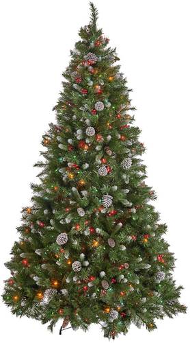 Rent to own Noble House - 7' Mixed Spruce Pre-Lit Hinged Artificial Christmas Tree with Frosted Branches, Red Berries and Frosted Pinecones - Green + Multi Lights