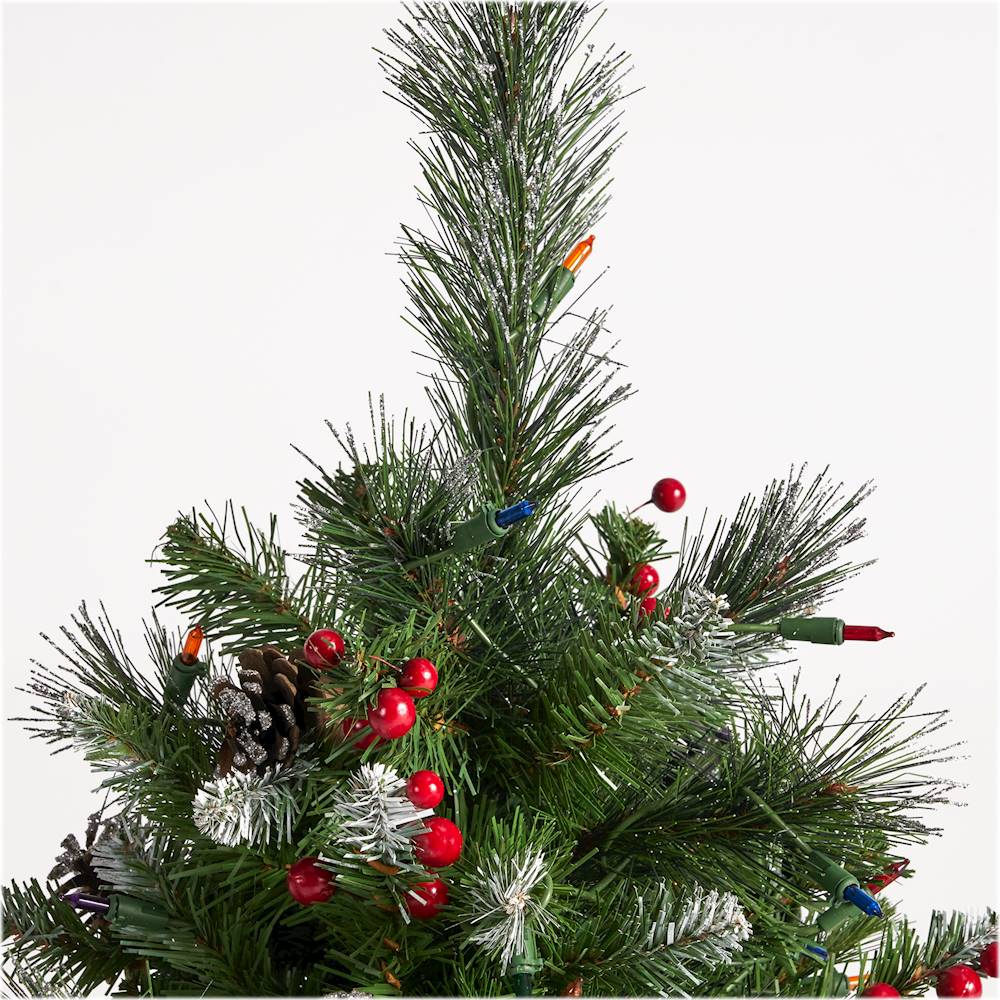 Noble House - 4.5' Mixed Spruce Pre-Lit Artificial Christmas Tree with Glitter Branches, Red Berries, and Pinecones - Green + Multi Lights