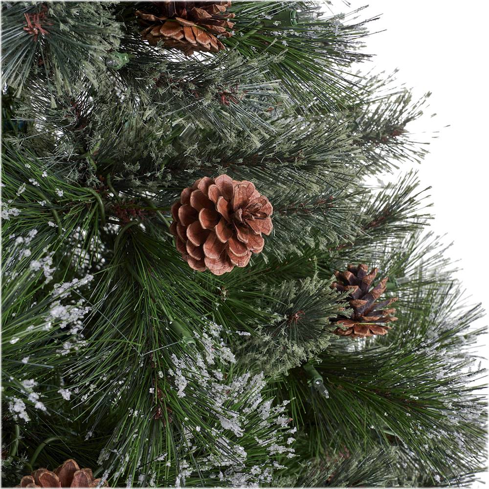 Noble House - 9' Cashmere and Mixed Spruce Pre-Lit Artificial Christmas Tree with Snowy Branches and Pinecones - Green + Clear Lights