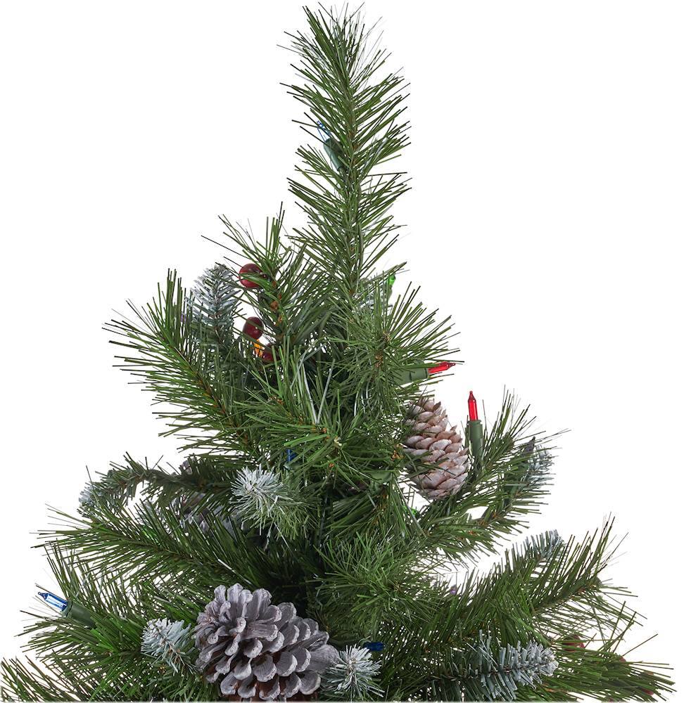 Noble House - 7.5' Mixed Spruce Pre-Lit Hinged Artificial Christmas Tree with Frosted Branches, Red Berries, and Frosted Pinecones - Green + Multi Lights