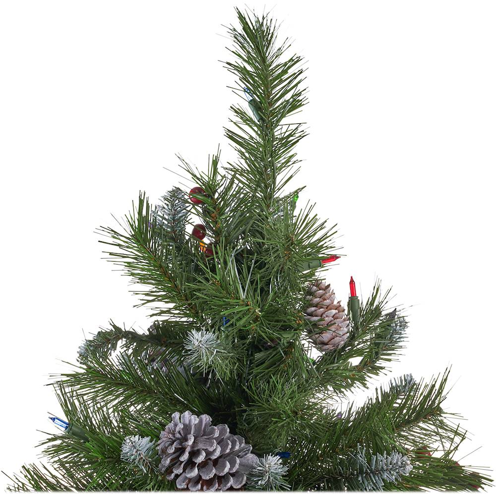Noble House - 9' Mixed Spruce Pre-Lit Hinged Artificial Christmas Tree with Frosted Branches, Red Berries, and Frosted Pinecones - Green + Multi Lights