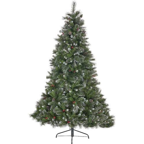 Noble House - 7.5' Mixed Spruce Unlit Hinged Artificial Christmas Tree with Glitter Branches, Red Berries and Pinecones - Green