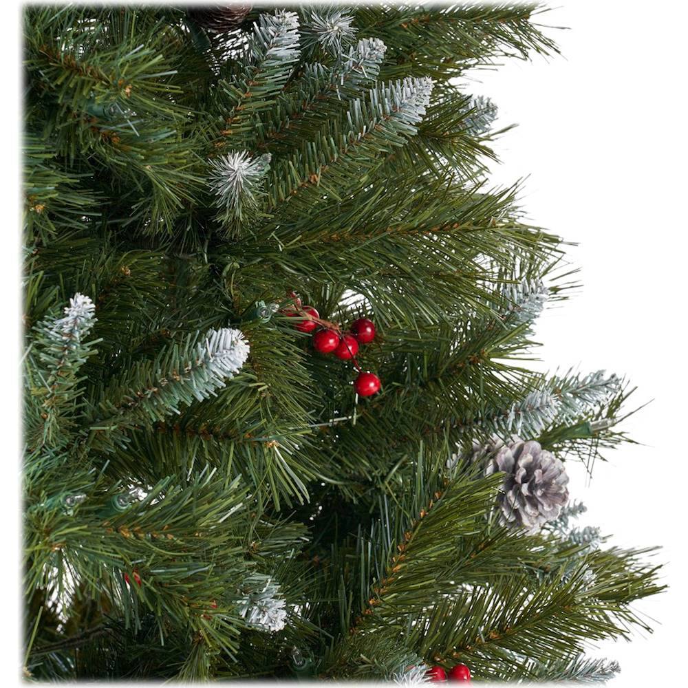 Noble House - 7.5' Mixed Spruce Pre-Lit Hinged Artificial Christmas Tree with Frosted Branches, Red Berries, and Frosted Pinecones - Green + Clear Lights