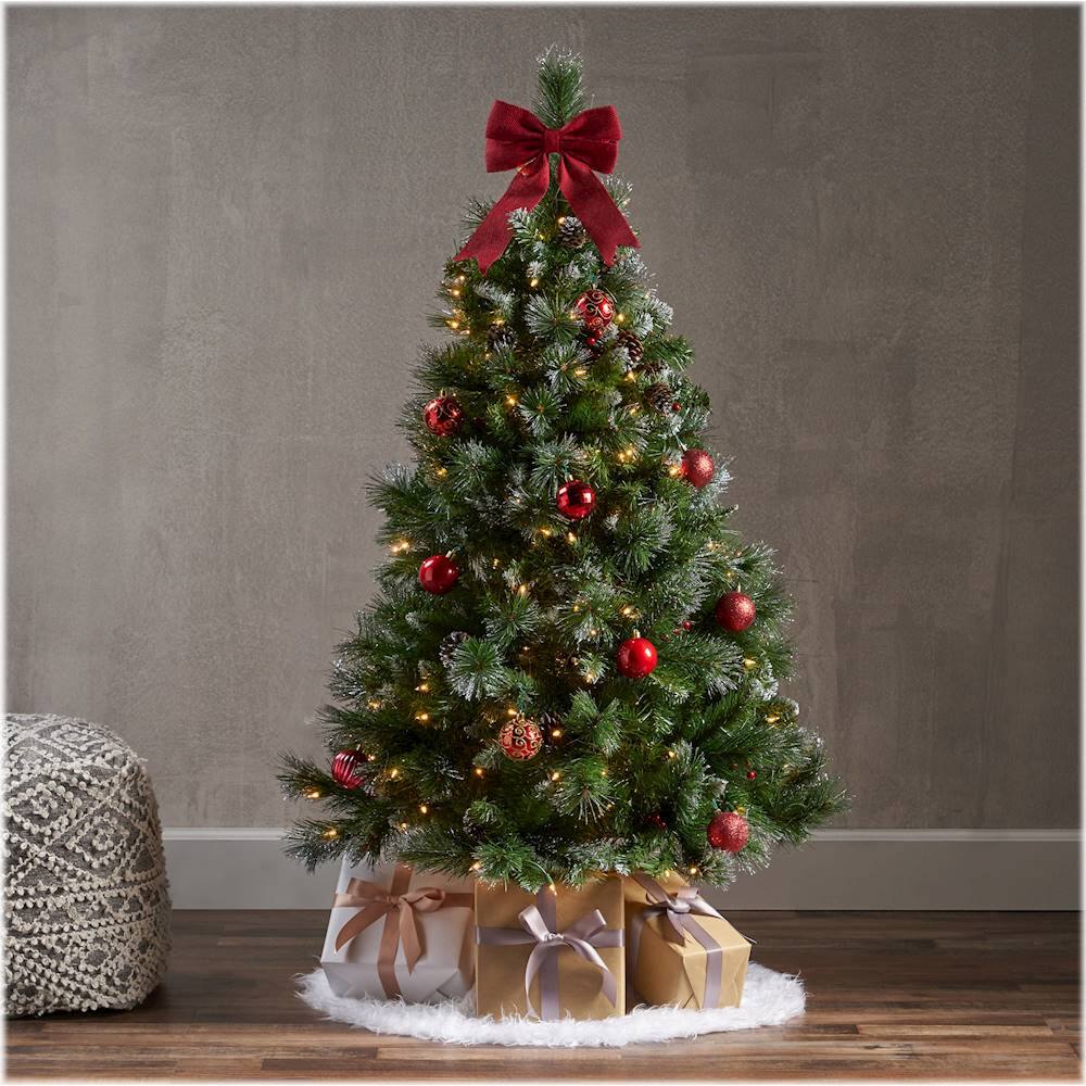 Noble House - 4.5' Mixed Spruce Pre-Lit Artificial Christmas Tree with Glitter Branches, Red Berries, and Pinecones - Green + Clear Lights