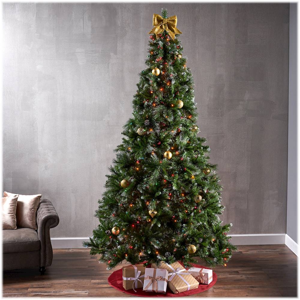 Noble House - 9' Mixed Spruce Pre-Lit Hinged Artificial Christmas Tree with Glitter Branches, Red Berries and Pinecones - Green + Multi Lights