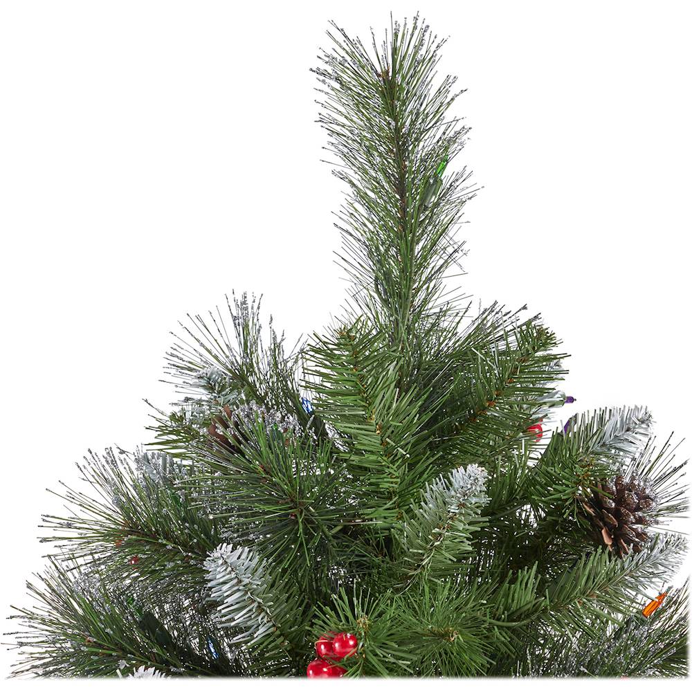 Noble House - 7' Mixed Spruce Pre-Lit Hinged Artificial Christmas Tree with Glitter Branches, Red Berries and Pinecones - Green + Multi Lights