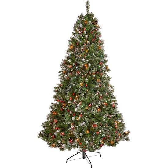 Noble House 7 5 Mixed Spruce Pre Lit Hinged Artificial Christmas Tree With Glitter Branches Red Berries And Pine Cones Green Multi Lights 307370 Best Buy