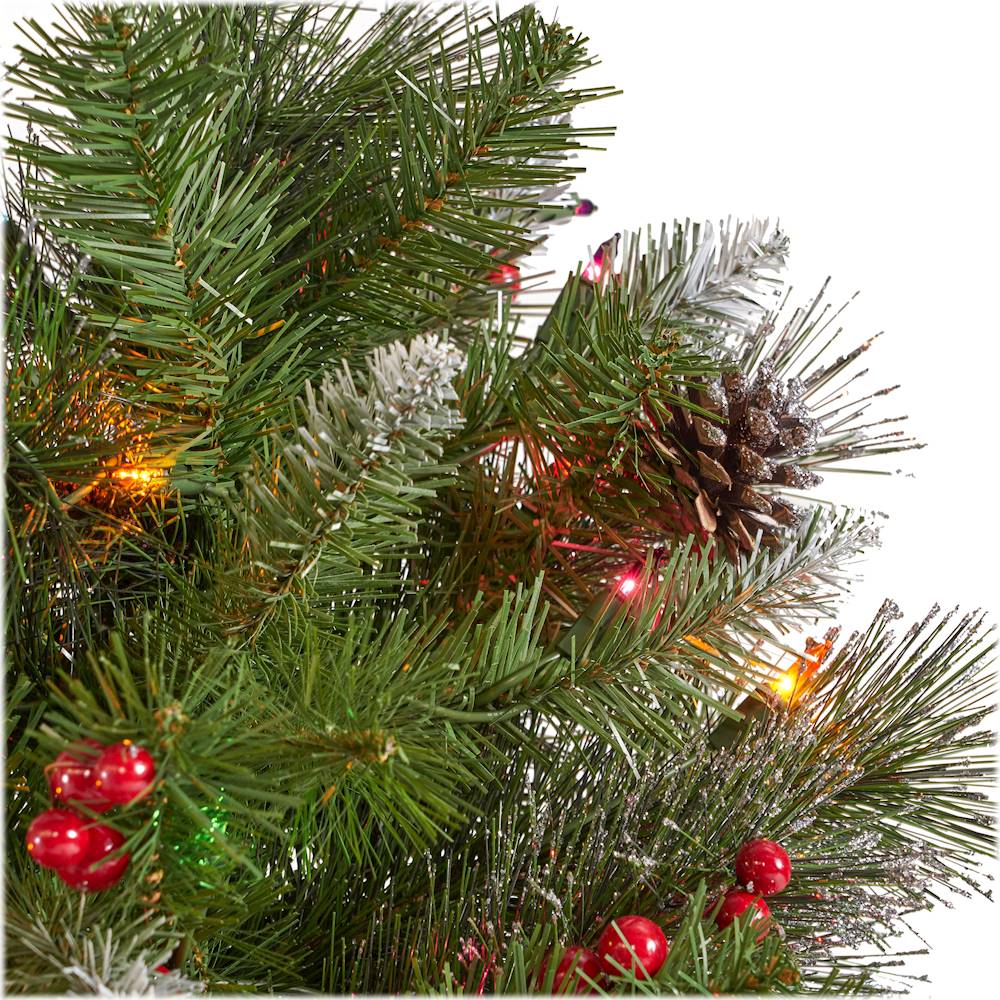 Noble House - 7.5' Mixed Spruce Pre-Lit Hinged Artificial Christmas Tree with Glitter Branches, Red Berries and Pine Cones - Green + Multi Lights