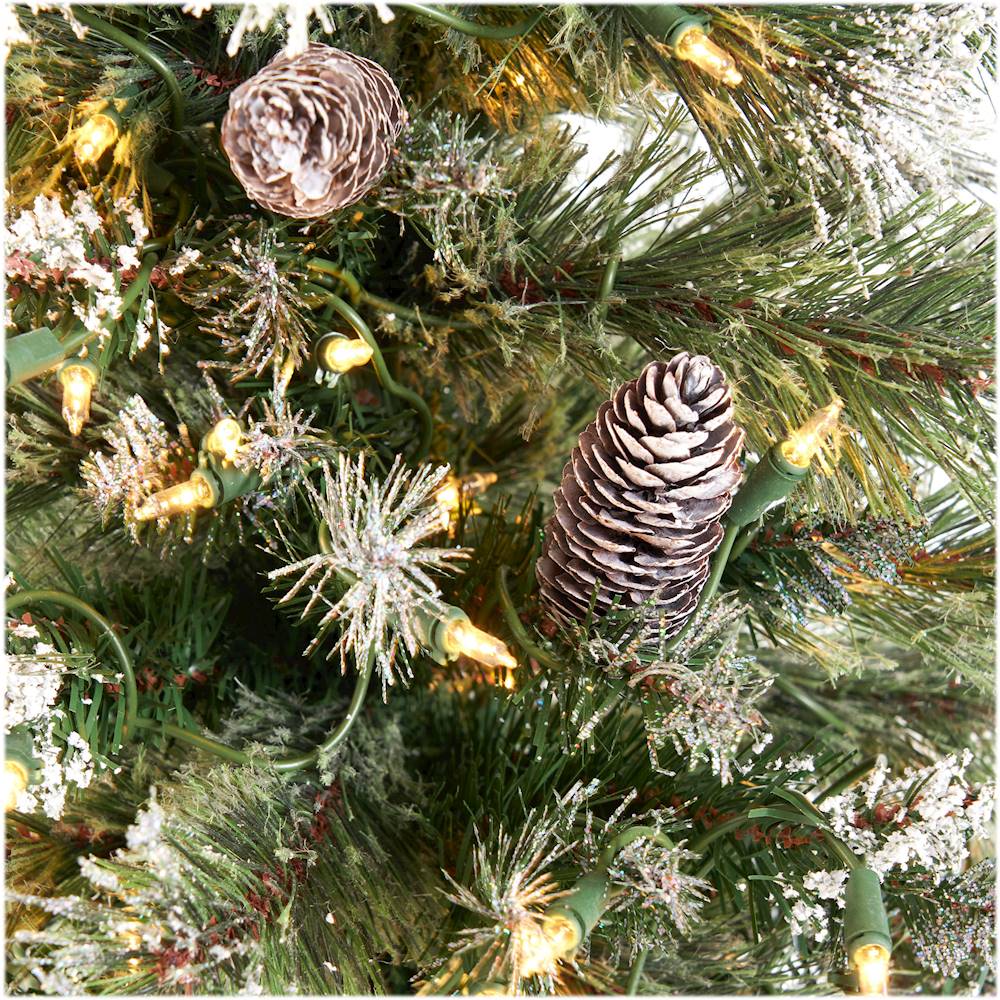 Noble House - 4.5' Cashmere Mixed Needles Pre-Lit Hinged Artificial Christmas Tree with Snow & Glitter Branches with Frosted Pinecones - Green + Clear Lights