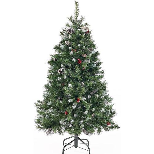 Noble House - 4.5' Mixed Spruce Unlit Hinged Artificial Christmas Tree with Frosted Branches, Red Berries, and Frosted Pinecones - Green