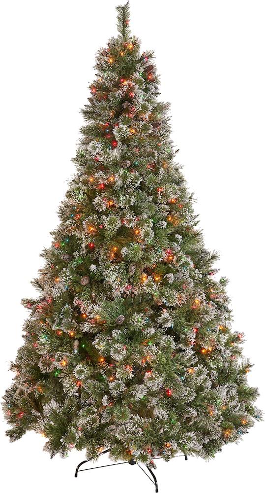Noble House - 7.5' Cashmere Mixed Needles Pre-Lit Hinged Artificial Christmas Tree with Snow & Glitter Branches with Frosted Pinecones - Green + Multi Lights