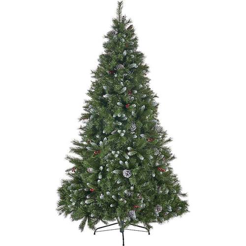 Noble House - 9' Mixed Spruce Unlit Hinged Artificial Christmas Tree with Frosted Branches, Red Berries, and Frosted Pinecones - Green
