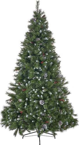 Noble House - 7' Mixed Spruce Unlit Hinged Artificial Christmas Tree with Frosted Branches, Red Berries and Frosted Pinecones - Green