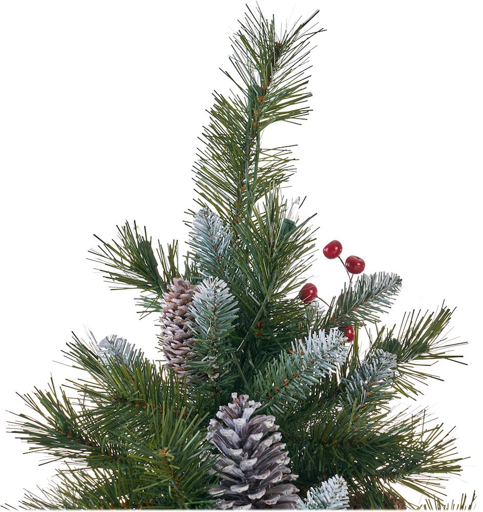 Noble House - 9' Mixed Spruce Pre-Lit Hinged Artificial Christmas Tree with Frosted Branches, Red Berries and Frosted Pinecones - Green + Clear Lights