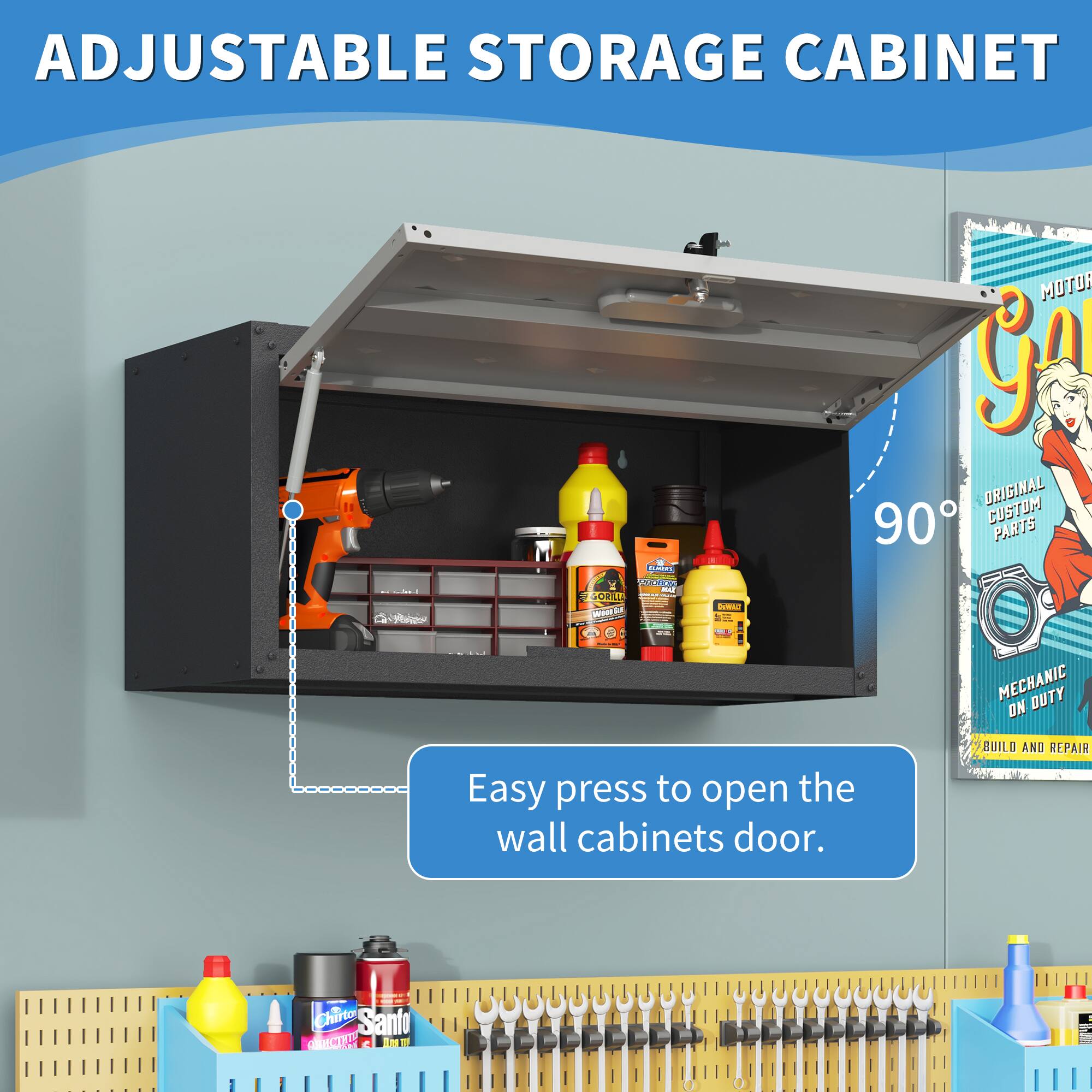 ADJUSTABLE STORAGE CABINET

Easy press to open the wall cabinets door.

MOTOR GARAGE
ORIGINAL CUSTOM PARTS

MECHANIC ON DUTY
BUILD AND REPAIR