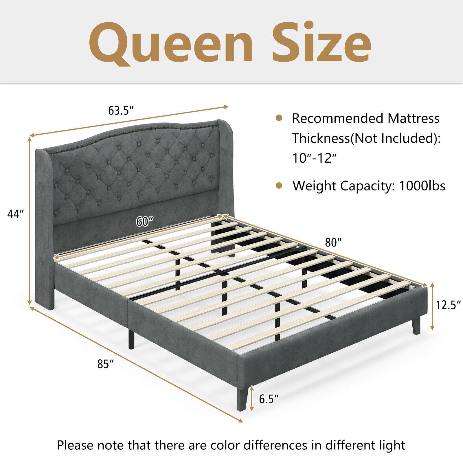 Queen Size

Recommended Mattress Thickness (Not Included): 10"-12"
Weight Capacity: 1000lbs

63.5"
44"
60"
80"
12.5"
85"
6.5"

Please note that there are color differences in different light