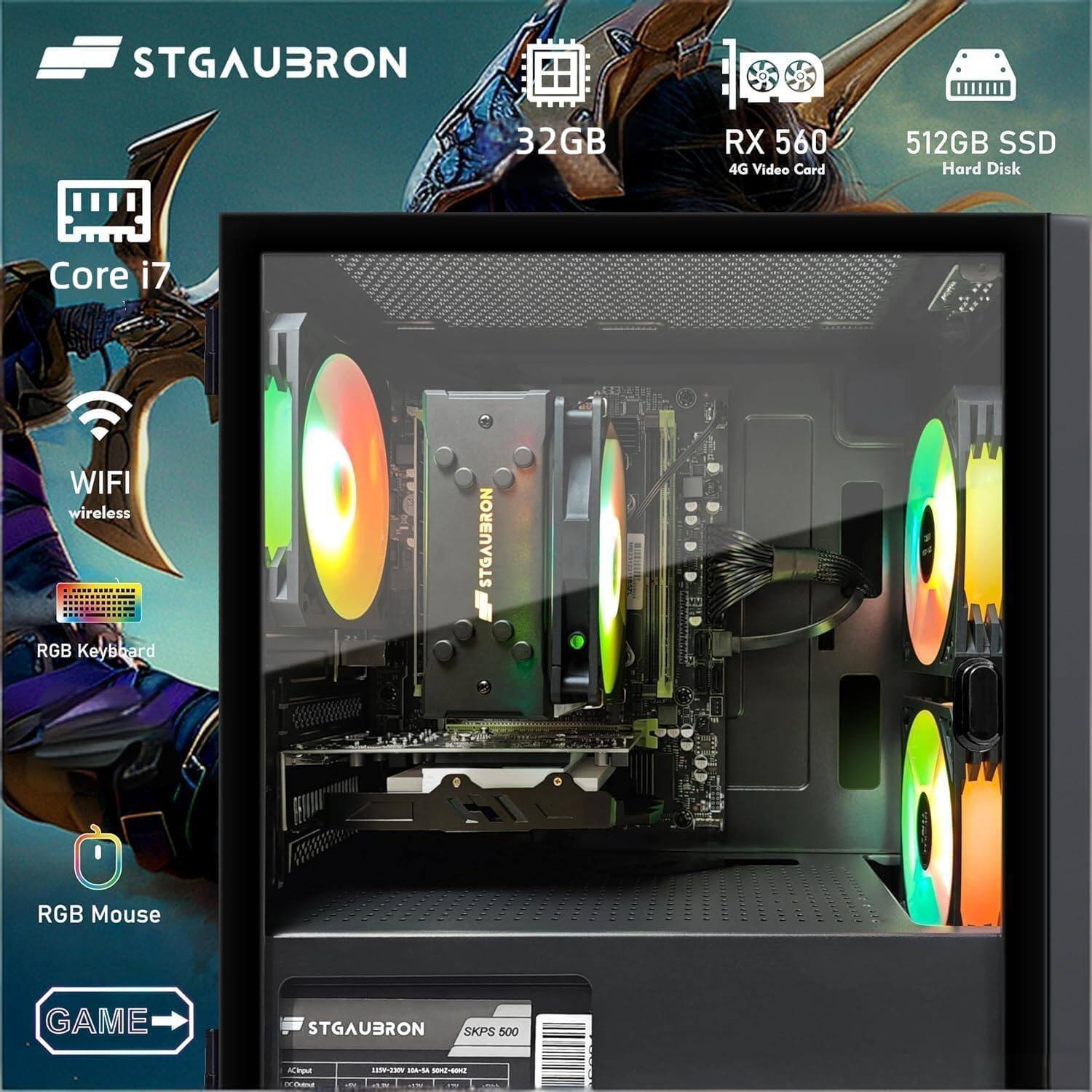 STGAUBRON 32GB RX 560 4G Video Card 512GB SSD Hard Disk Core i7 WIFI wireless RGB Keyboard STGAUBRON RGB Mouse GAME STGAUBRON SKPS 500 K L 1S MI-2