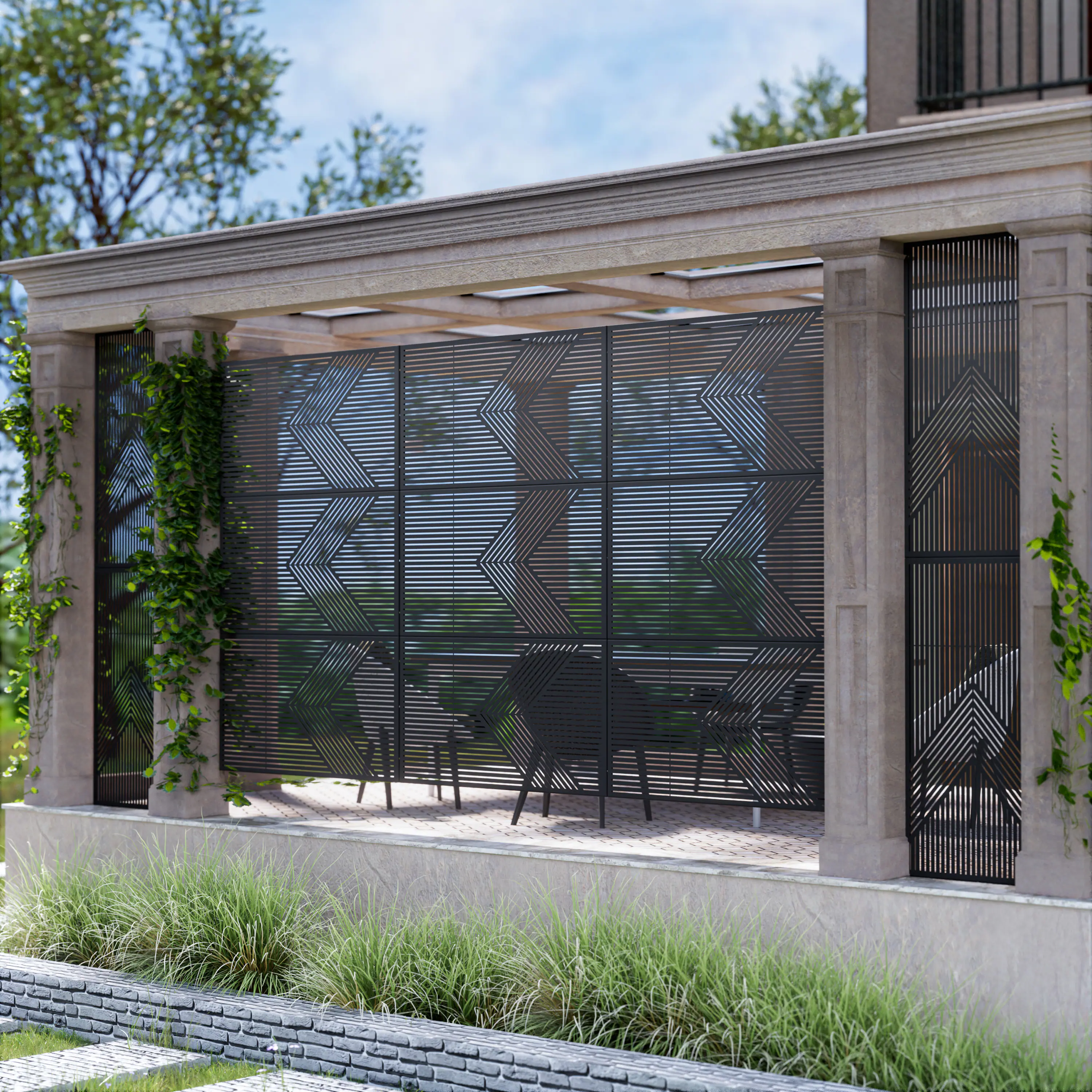 Alt View 3. PexFix - 72 in. x 47 in. Cedric Pattern Metal Outdoor Privacy Screen & Panels, Freestanding Garden Divider Fence - Black.