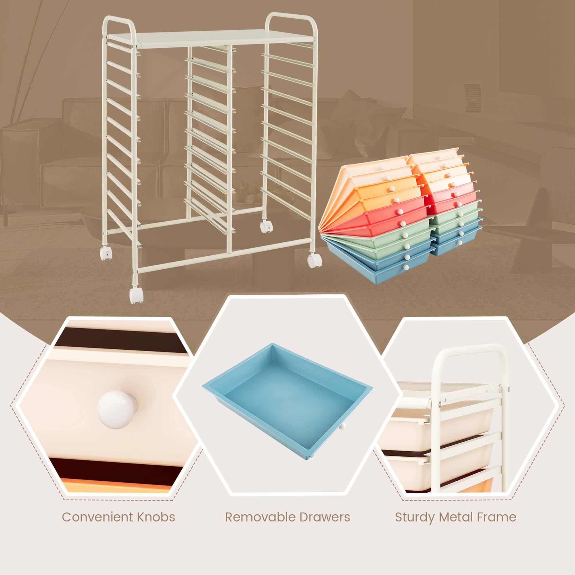 The text on the image reads: "Convenient Knobs Removable Drawers Sturdy Metal Frame."