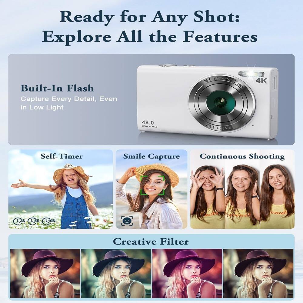 Ready for Any Shot: Explore All the Features

Built-In Flash  
Capture Every Detail, Even in Low Light

Self-Timer

Smile Capture

Continuous Shooting

Creative Filter