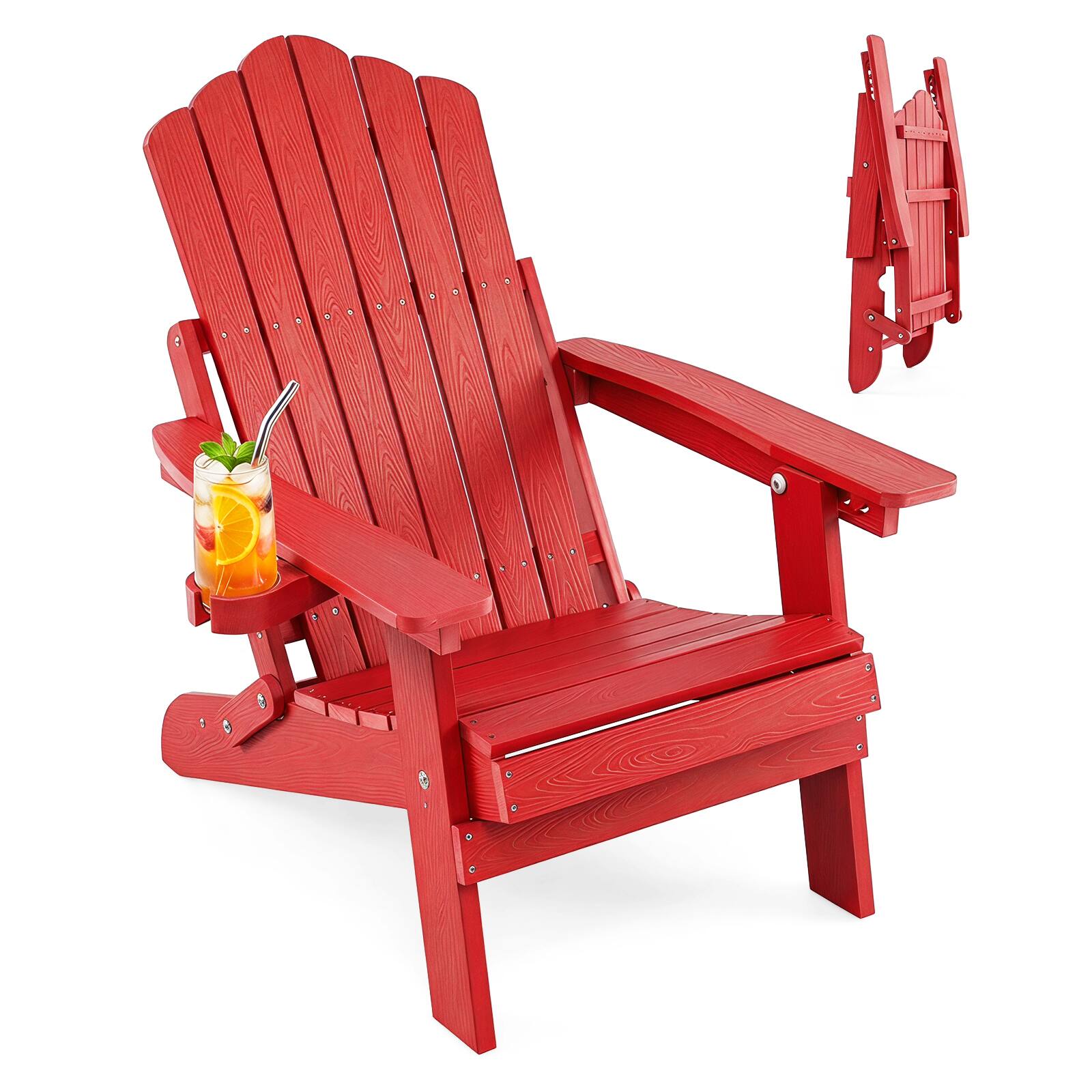 Front. Gymax - Gymax Folding Adirondack Chair w/5-Level Backrest Wooden Textured for Lawn Poolside Red - Red.