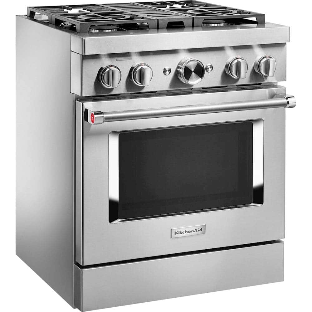 Angle. KitchenAid - 4.1 Cu. Ft. Freestanding Dual Fuel True Convection Range with Self-Cleaning - Stainless steel.