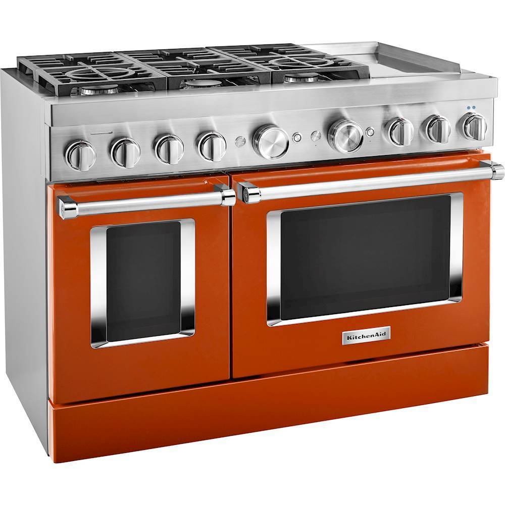 Angle. KitchenAid - Commercial-Style 6.3 Cu. Ft. Freestanding Double Oven Dual-Fuel True Convection Range with Self-Cleaning - Scorched Orange.