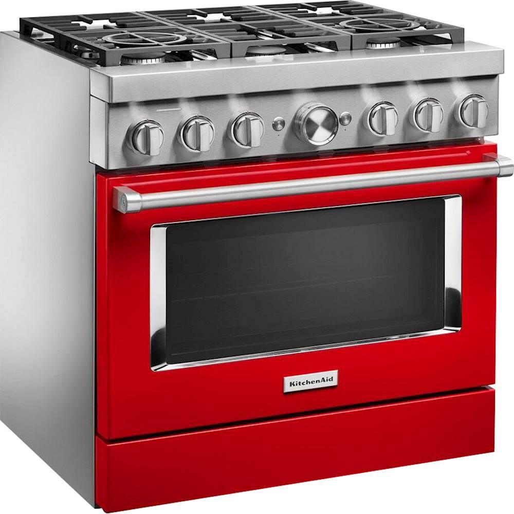 Angle. KitchenAid - 5.1 Cu. Ft. Freestanding Dual Fuel True Convection Range with Self-Cleaning - Passion Red.