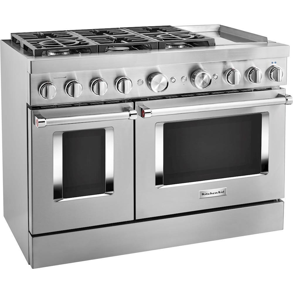 Angle View: KitchenAid - Commercial-Style 6.3 Cu. Ft. Freestanding Double Oven Dual-Fuel True Convection Range with Self-Cleaning - Stainless steel