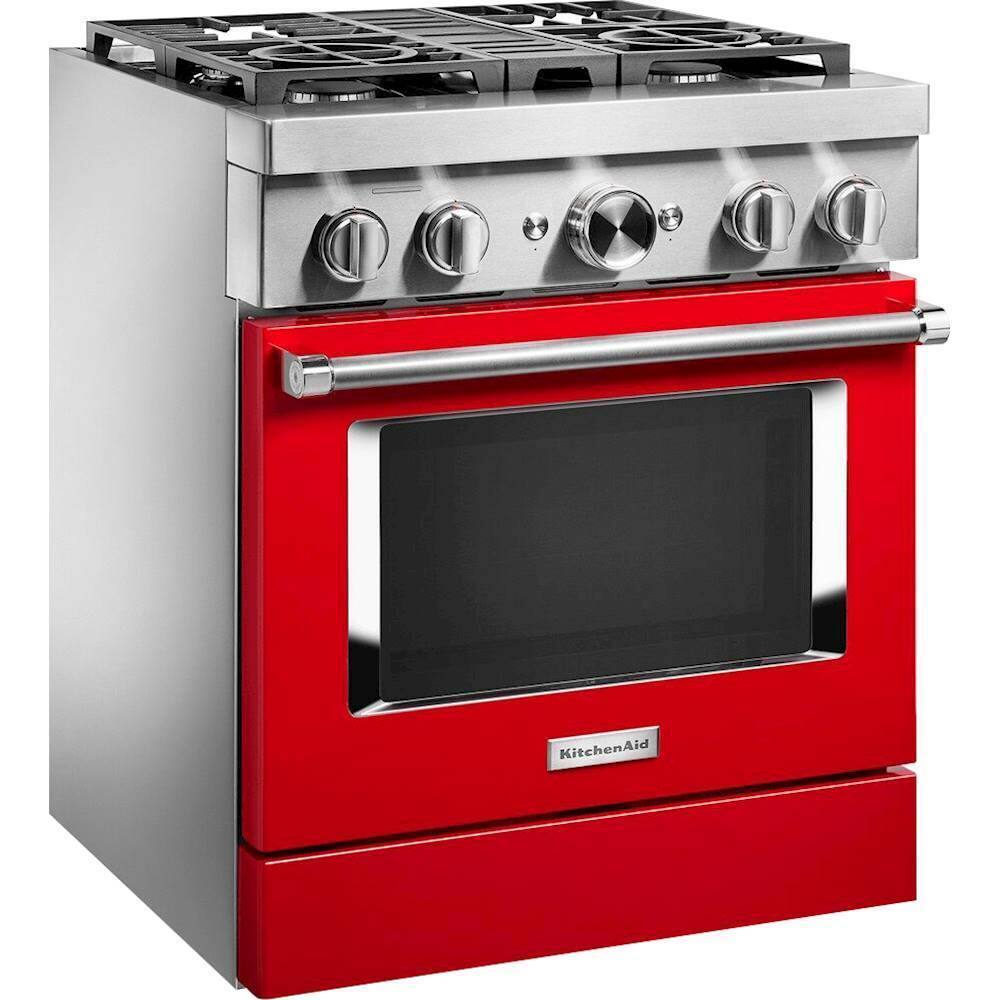 Angle. KitchenAid - 4.1 Cu. Ft. Freestanding Dual Fuel True Convection Range with Self-Cleaning - Passion Red.