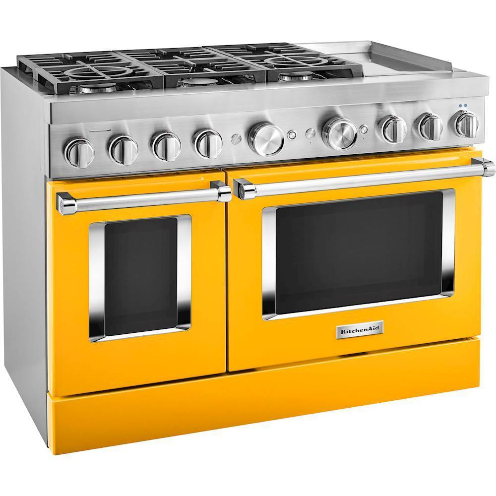 Angle. KitchenAid - Commercial-Style 6.3 Cu. Ft. Freestanding Double Oven Dual-Fuel True Convection Range with Self-Cleaning - Yellow Pepper.