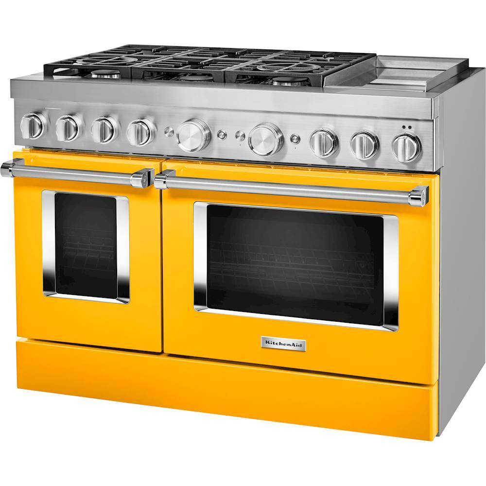 Left. KitchenAid - Commercial-Style 6.3 Cu. Ft. Freestanding Double Oven Dual-Fuel True Convection Range with Self-Cleaning - Yellow Pepper.