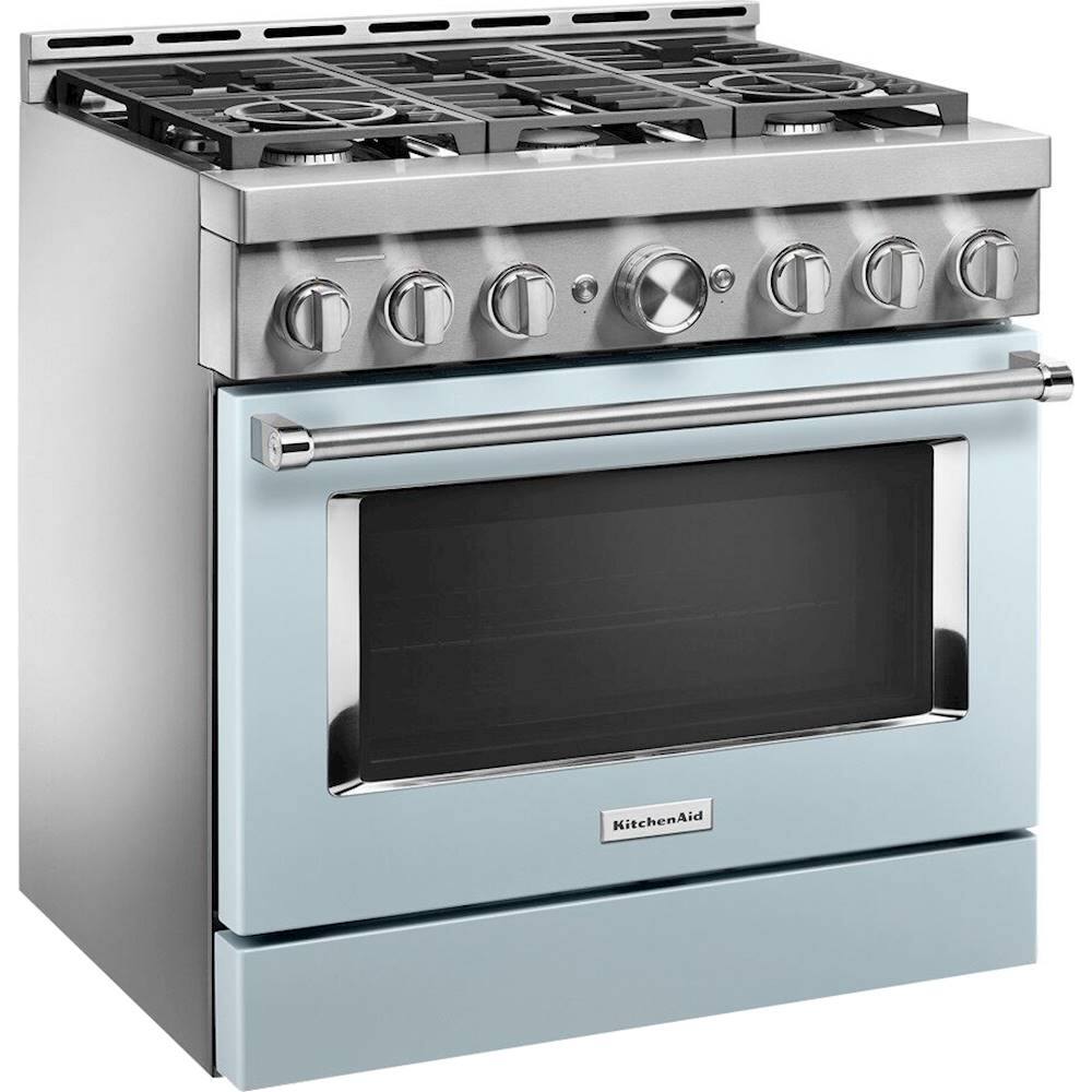 Angle. KitchenAid - Commercial-Style 5.1 Cu. Ft. Slide-In Gas True Convection Range with Self-Cleaning - Misty Blue.