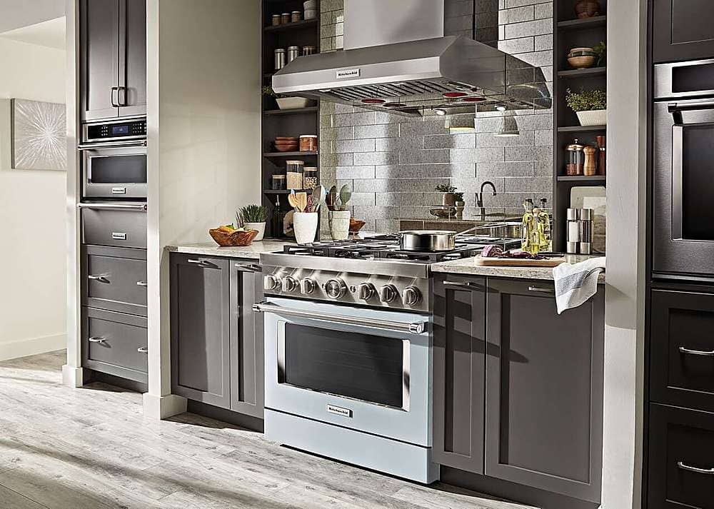 Alt View 19. KitchenAid - Commercial-Style 5.1 Cu. Ft. Slide-In Gas True Convection Range with Self-Cleaning - Misty Blue.
