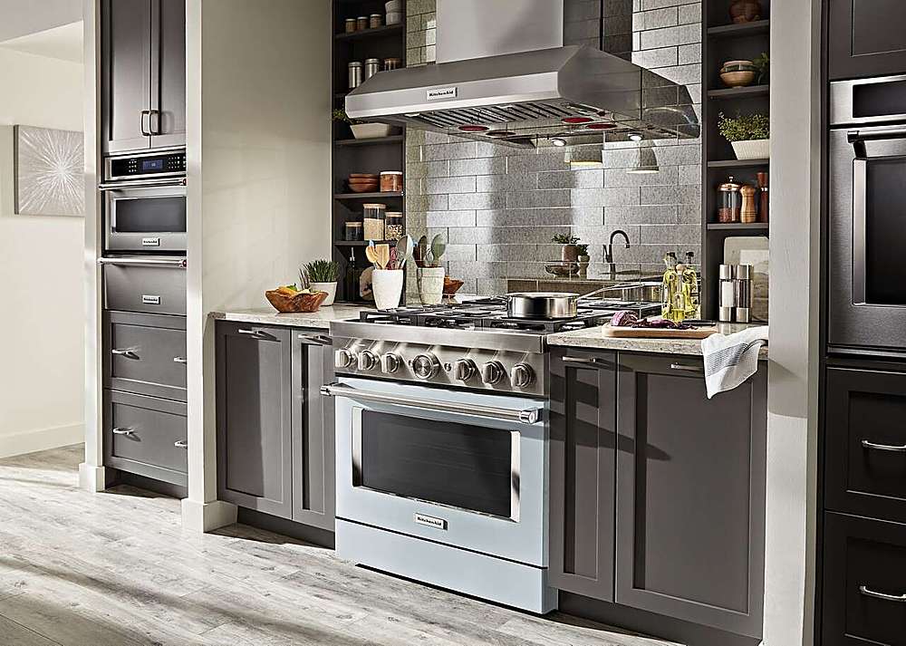 Alt View 19. KitchenAid - Commercial-Style 5.1 Cu. Ft. Slide-In Gas True Convection Range with Self-Cleaning - Misty Blue.