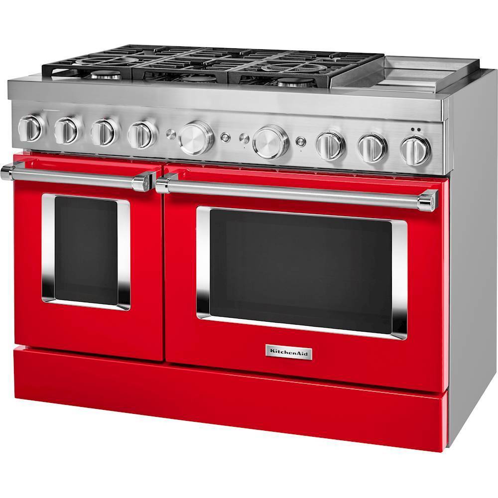Left. KitchenAid - 6.3 Cu. Ft. Freestanding Double Oven Dual Fuel True Convection Range with Self-Cleaning - Passion Red.