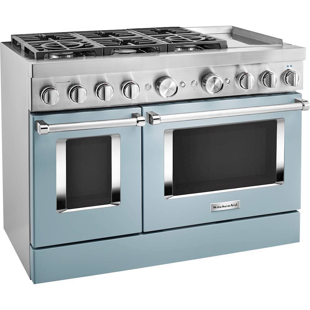 Angle View: KitchenAid - Commercial-Style 6.3 Cu. Ft. Freestanding Double Oven Dual-Fuel True Convection Range with Self-Cleaning - Misty blue