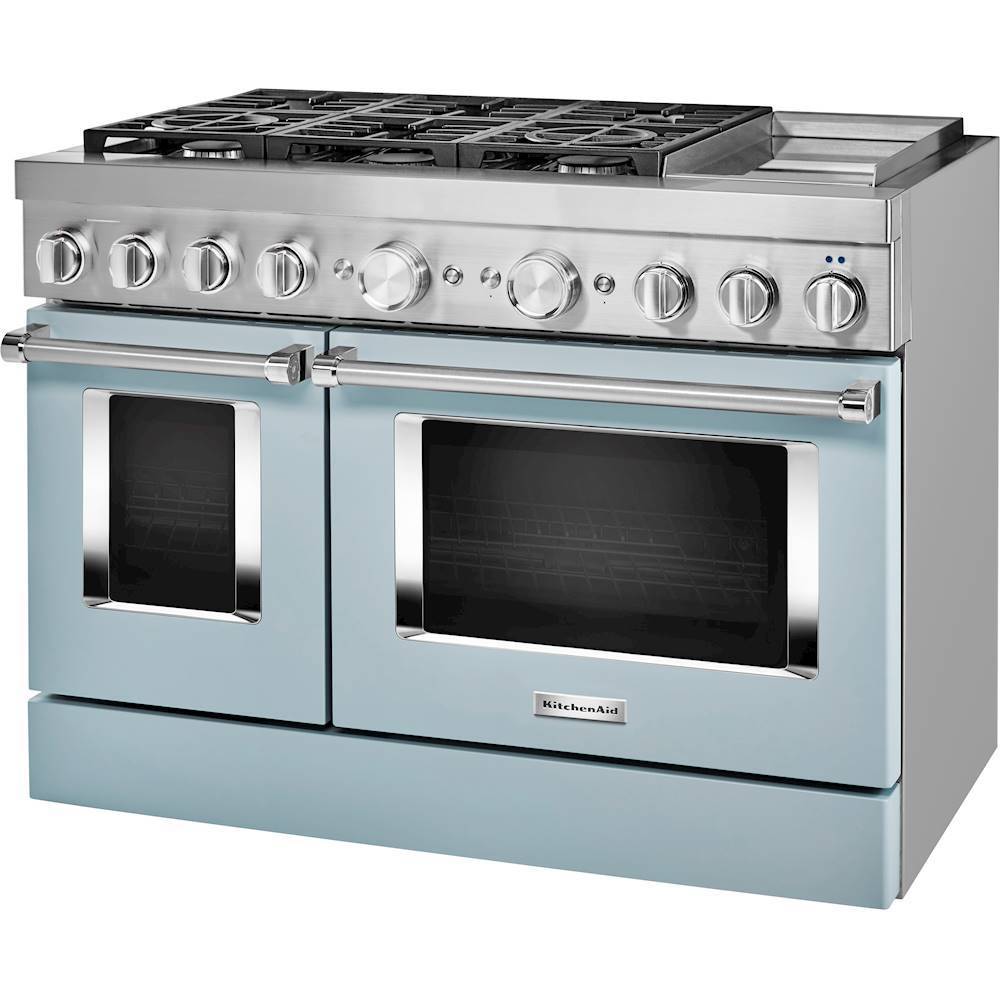 Left View: KitchenAid - Commercial-Style 6.3 Cu. Ft. Freestanding Double Oven Dual-Fuel True Convection Range with Self-Cleaning - Misty blue